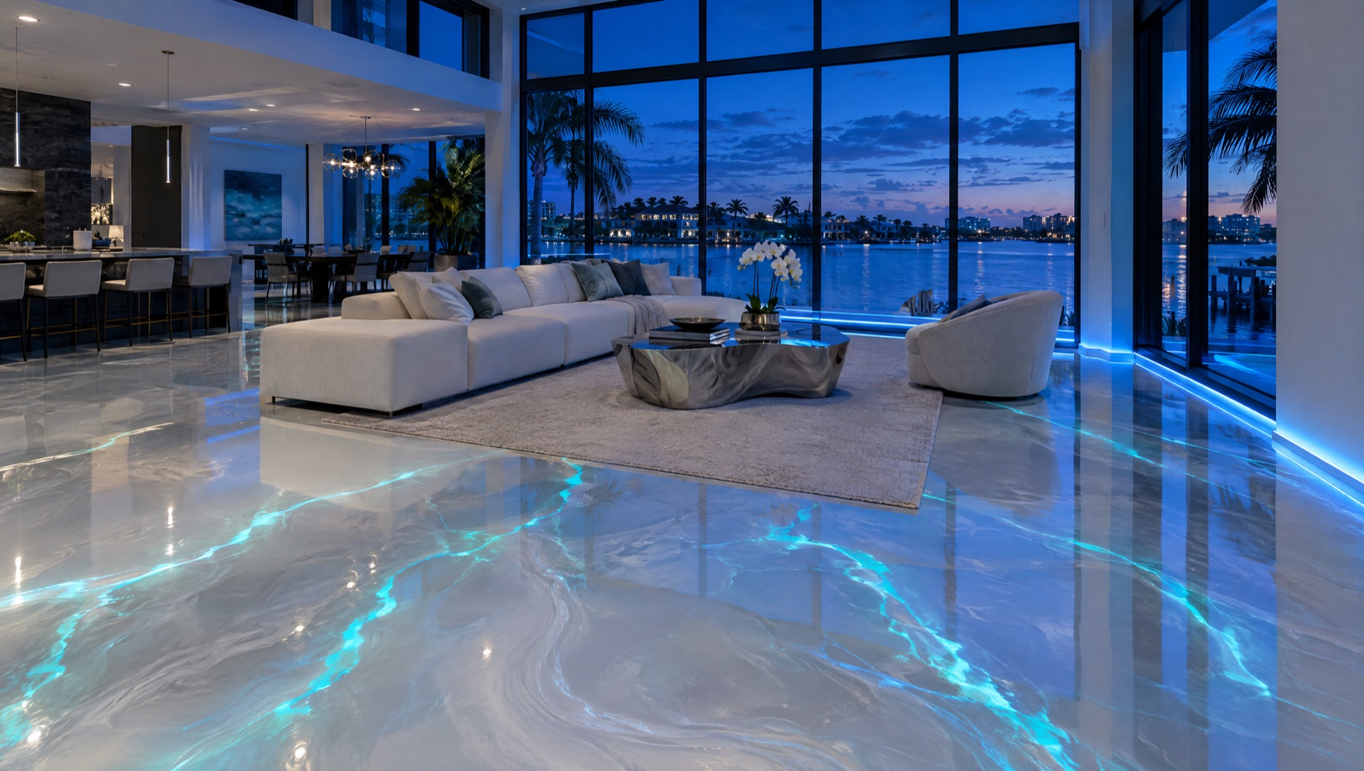 Design example: pearl metallic living area with glowing aqua veins