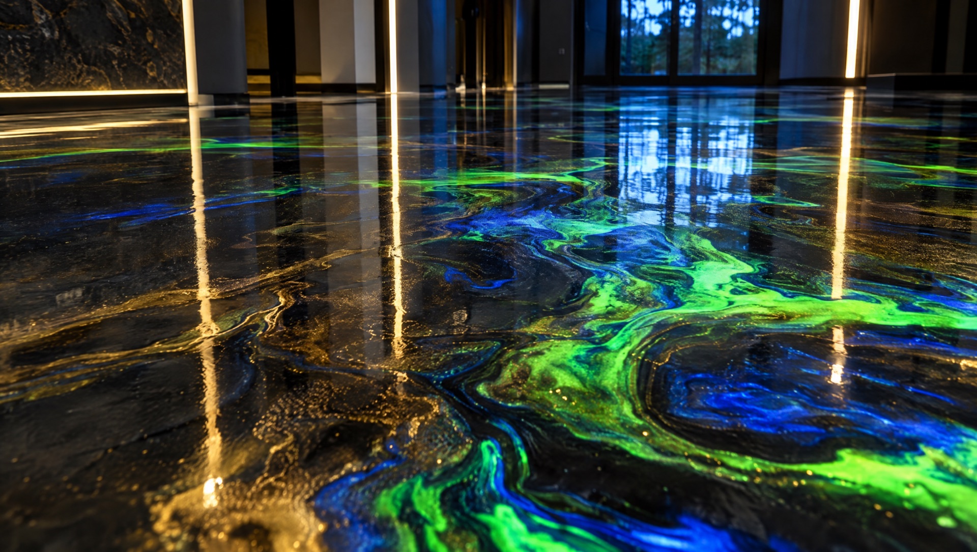 Design example: charcoal and gold metallic with UV-reactive swirls